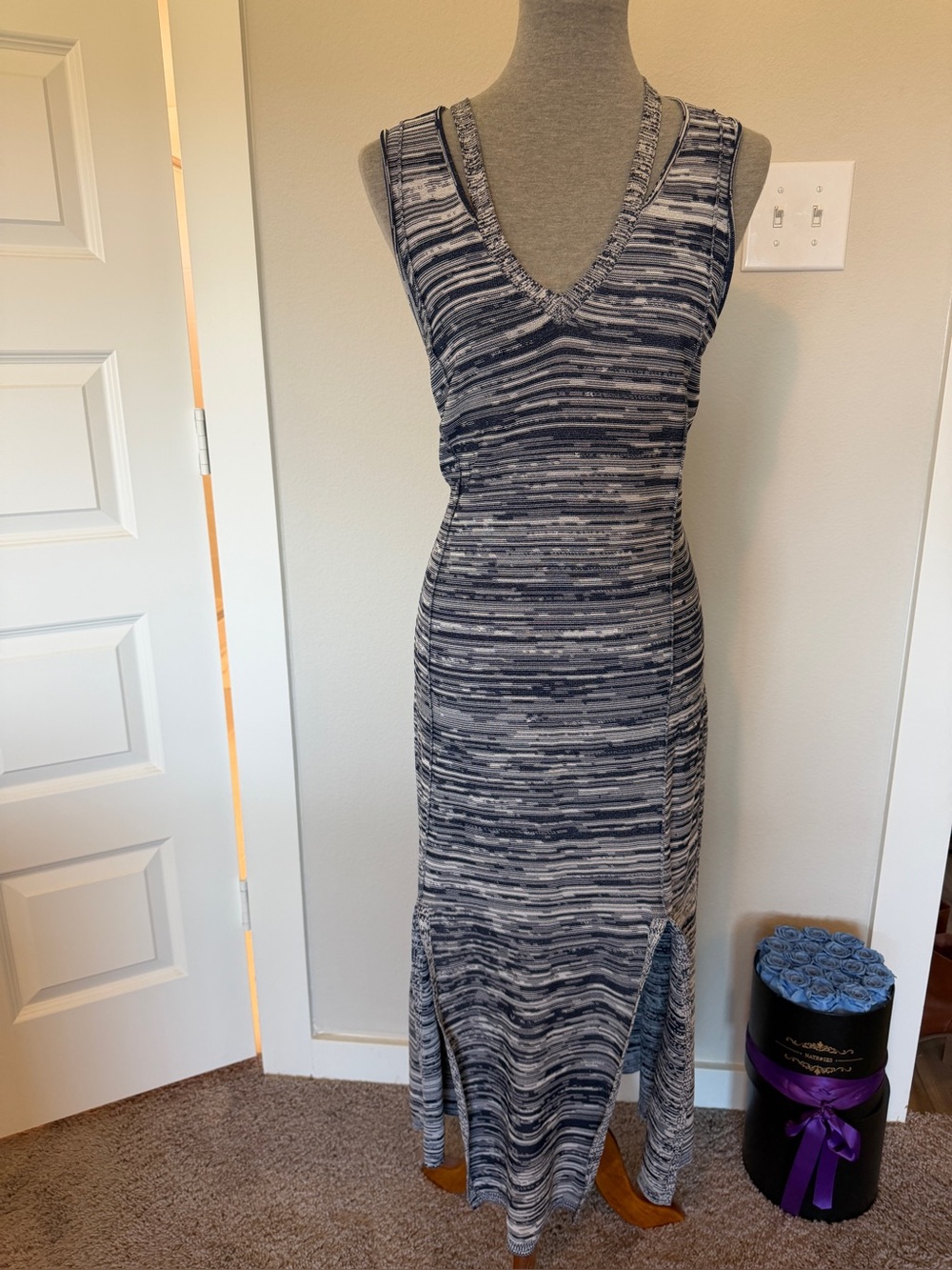 Striped V-Neck Sleeveless Maxi Dress in Navy and Gray